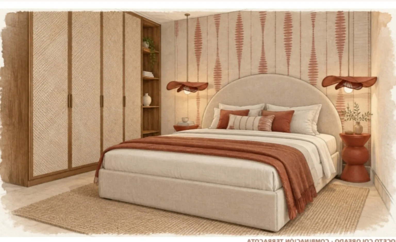Visualización del dormitorio con cabecero de formas suaves y textiles en tonos neutros y terracota en la vivienda de Residencial Salinas Golf