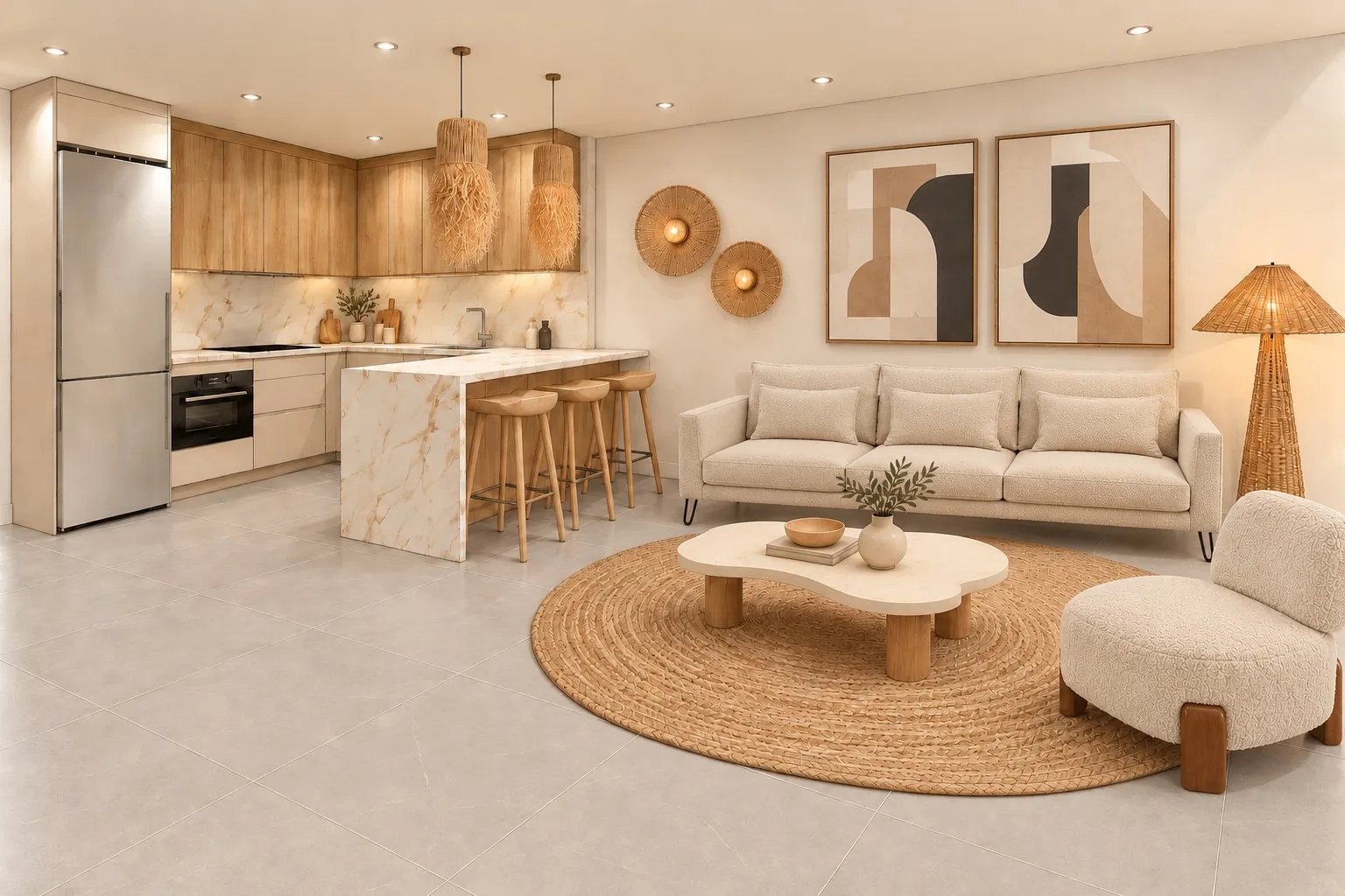 Visualización del salón cocina de una vivienda en Residencial Salinas Golf, Roquetas de Mar, con propuesta de amueblamiento, decoración e iluminación de AG Interiorismo
