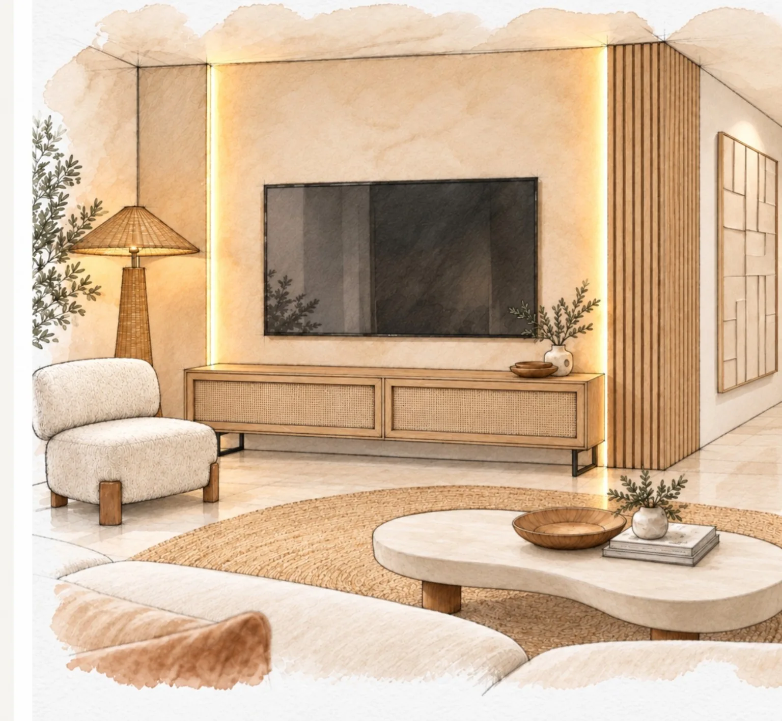 Visualización del mueble de televisión del salón con iluminación indirecta y revestimiento de madera en la vivienda de Residencial Salinas Golf
